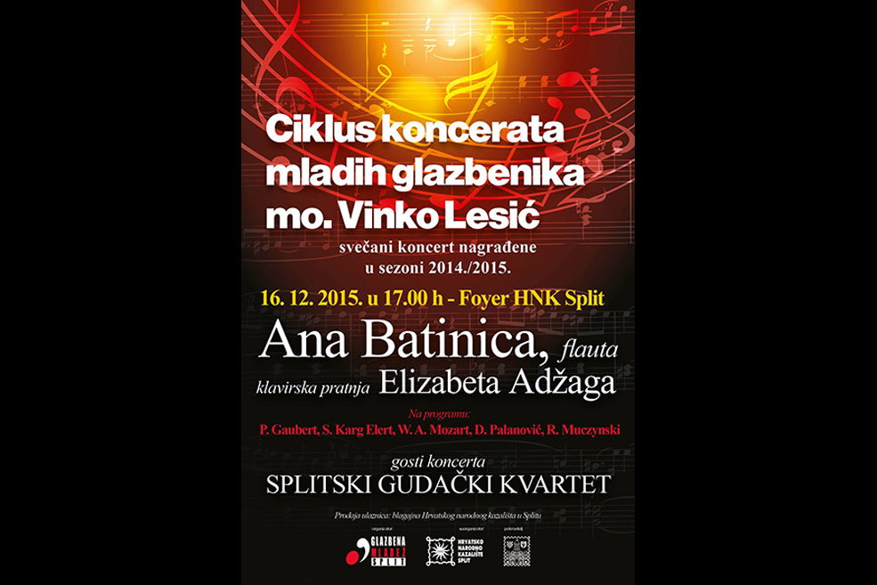 Svečani koncert pobjednice Ciklusa mladih glazbenika mo. Vinko Lesić u sezoni 2014./2015. flautistice Ane Batinice